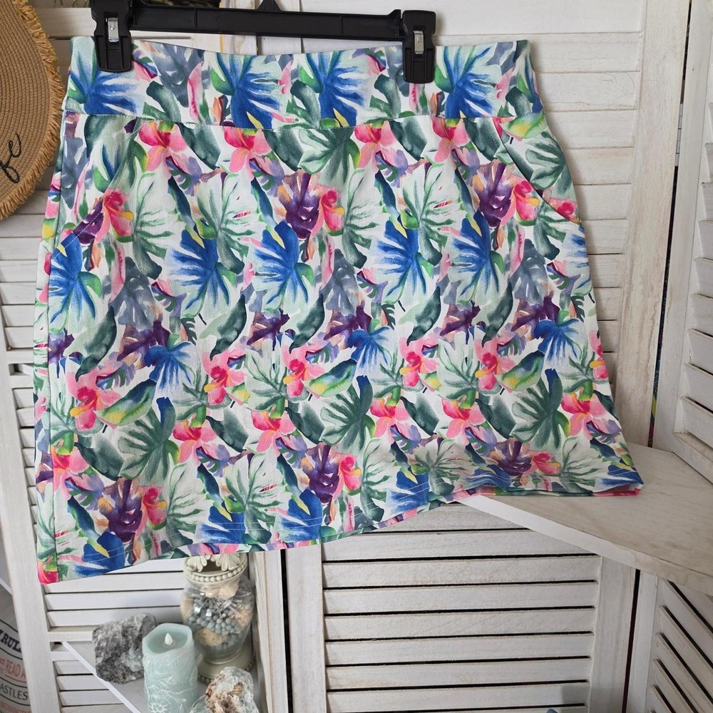 Palm Grove Tropical Floral Skort Size Large High Waisted Pockets Blue Pink Green